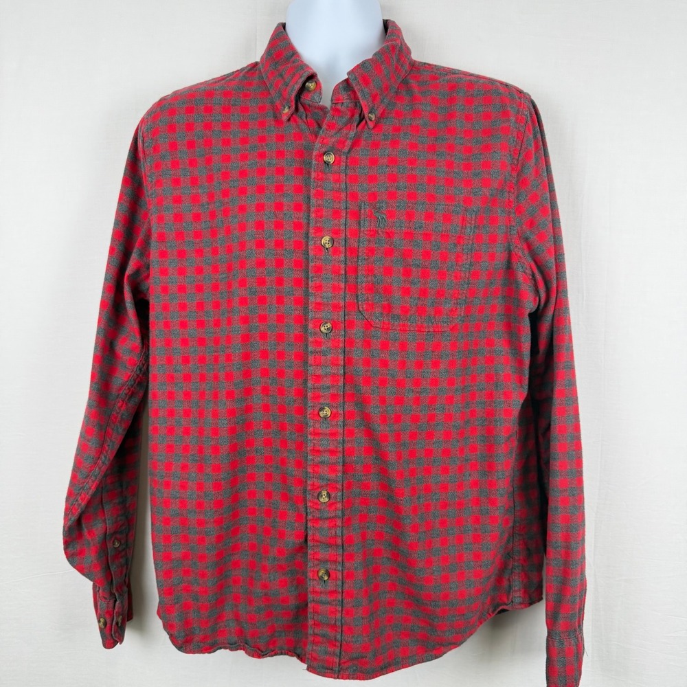 Abercrombie & Fitch Mens Large Muscle Fit Flannel Shirt Red Grey Gingham Plaid